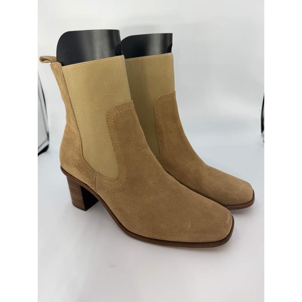 Patina Handmade Tan Suede Square Toe Block Heel Chelsea Boots Women's 9.5